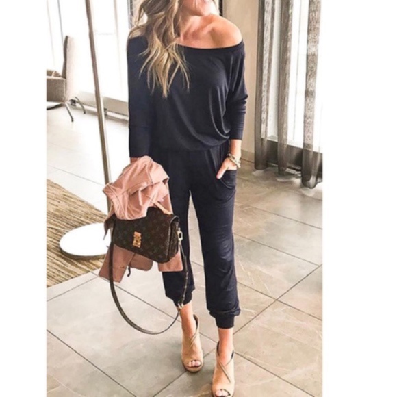 Bellanblue Pants - Off shoulder loose fit Black Jumpsuit